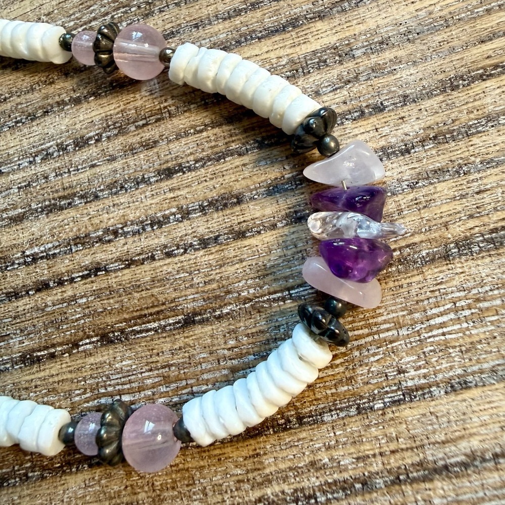 Beaded Necklace with Purple, Light pink and Cream Accents - Picture 2 of 4